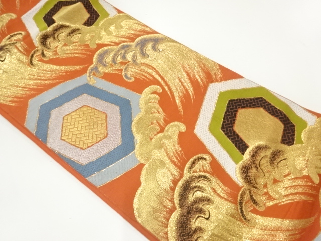 JAPANESE KIMONO / ANTIQUE FUKURO OBI / SILK / WOVEN ROUGH WAVE & KIKKO